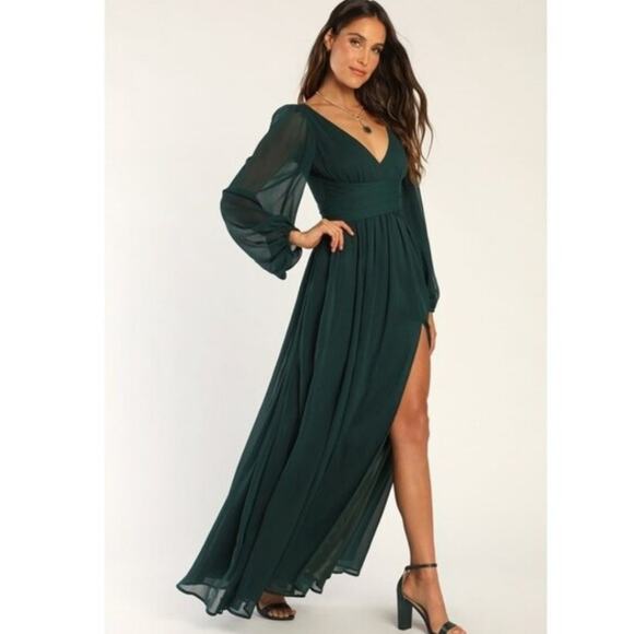 NEW Lulus Enchant My Love V-Neck Elegant Green Long Sleeve Maxi Dress - Picture 1 of 12